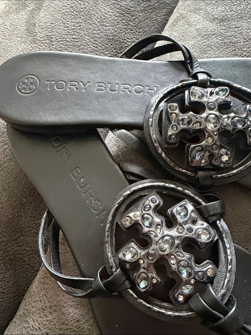 Tory Burch Black Jeweled Miller Thong Sandals - Crystal Accents